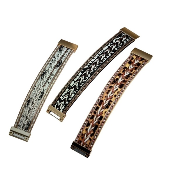 Boho Multi Layer Leather Braided Leopard Pattern Magnetic Buckle Bracelet - Picture 4 of 5